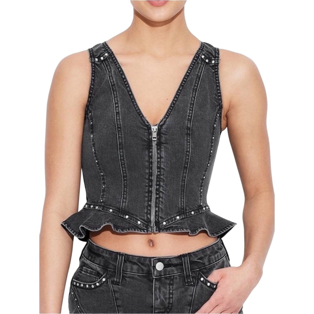 Wild Fable Studded Denim Peplum Zip Front Vest Sleeveless Black L Grunge Edgy